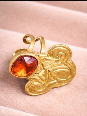 1980s Artisan Upcycled Ring Orange Glass Stone Gold Tone Adjustable Handmade